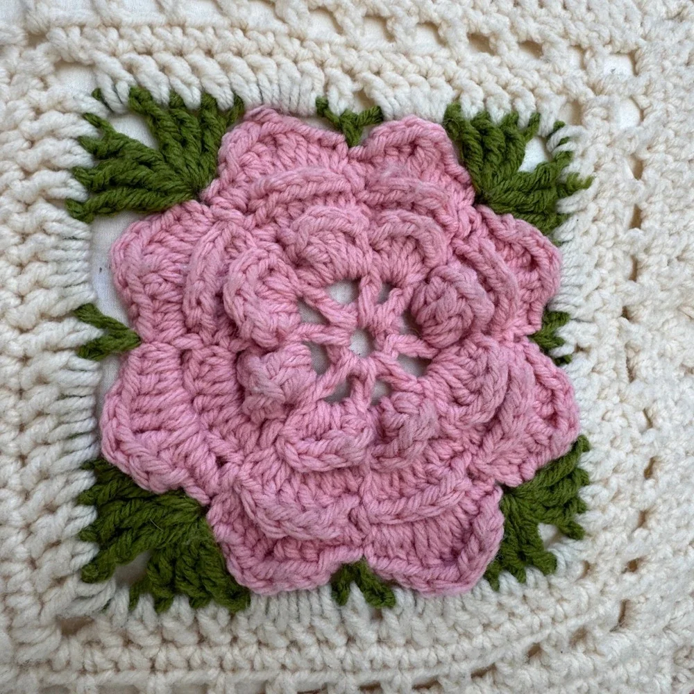 Handmade Crochet Rose Throw Pillow 15x15 Pink Cream Vintage Cottage 3D Floral